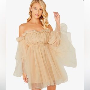 Oft Shoulder Flounce Long Sleeve
Wedding Ruffle Mesh Mini Dress
